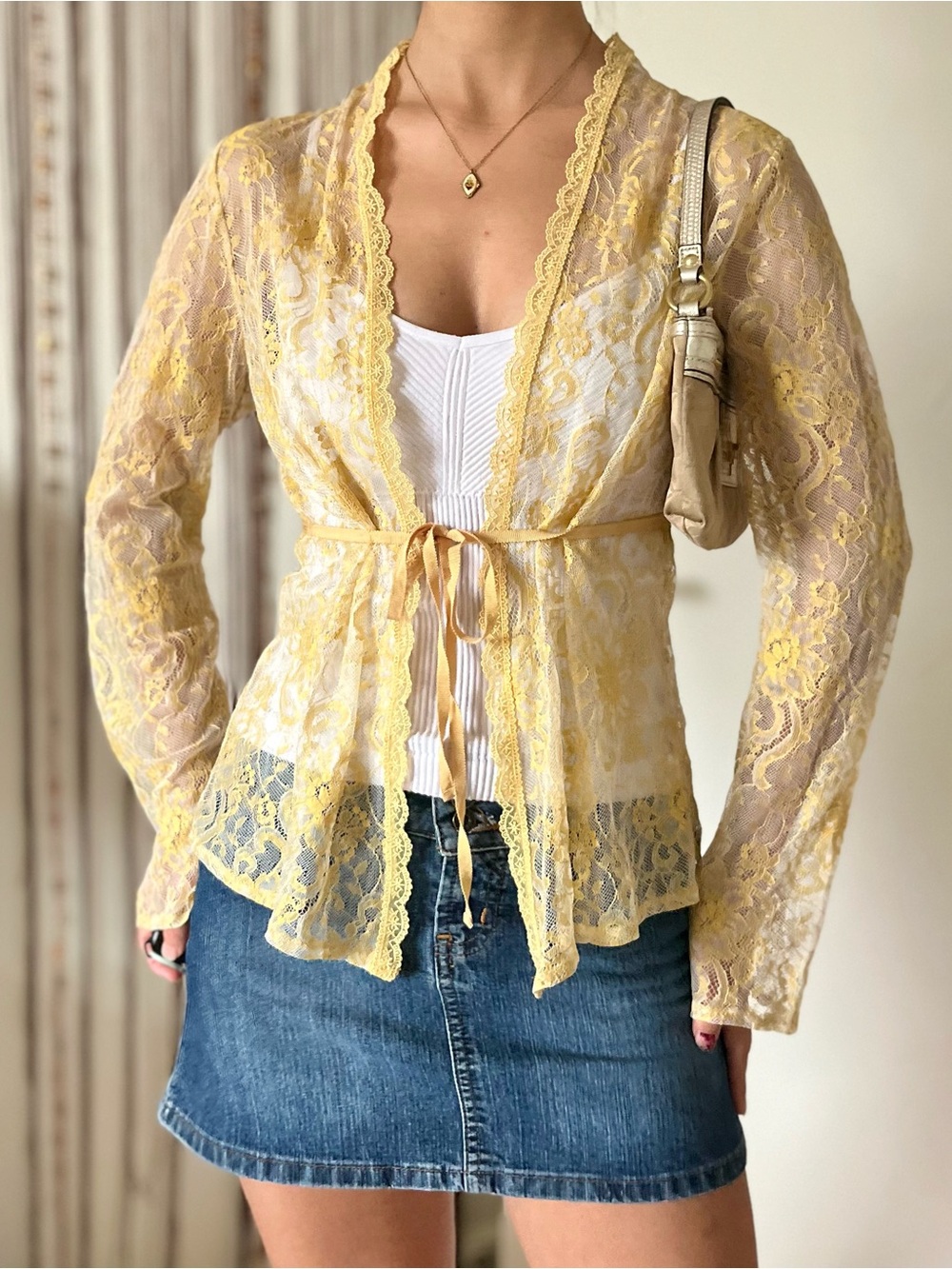 vintage moda international yellow sheer lace tie front cardigan